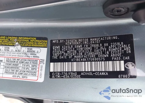 2007 Toyota Camry Le из США, поврежденный, VIN 4T1BE46K17U690575